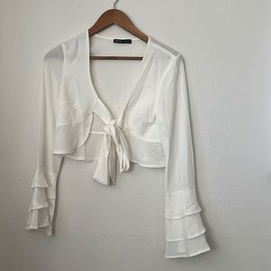 Shein White Front Tie Open Front Crop Top SZ S
